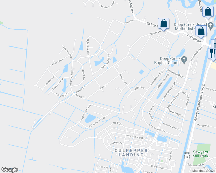 map of restaurants, bars, coffee shops, grocery stores, and more near 3525 Parr Lane in Chesapeake