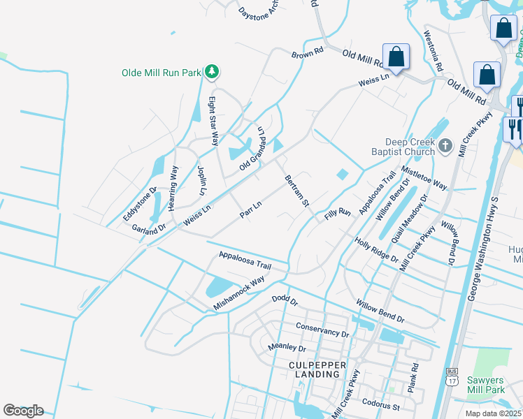 map of restaurants, bars, coffee shops, grocery stores, and more near 3525 Parr Lane in Chesapeake