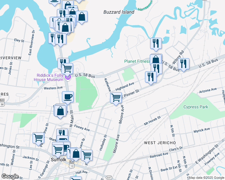 map of restaurants, bars, coffee shops, grocery stores, and more near 213 Katherine Street in Suffolk
