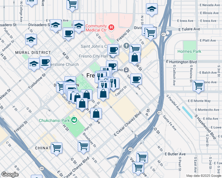 map of restaurants, bars, coffee shops, grocery stores, and more near 970 N Street in Fresno