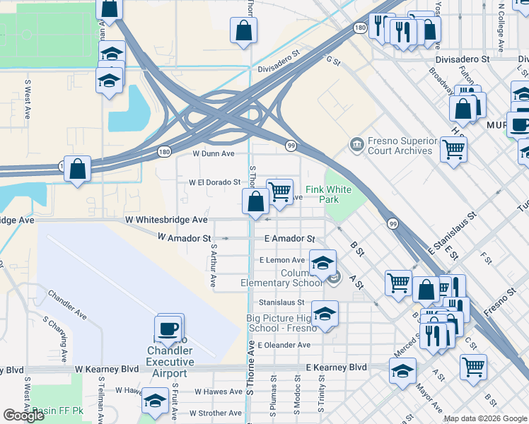 map of restaurants, bars, coffee shops, grocery stores, and more near 615 South Thorne Avenue in Fresno