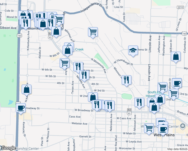 map of restaurants, bars, coffee shops, grocery stores, and more near 1042 6th Street in West Plains