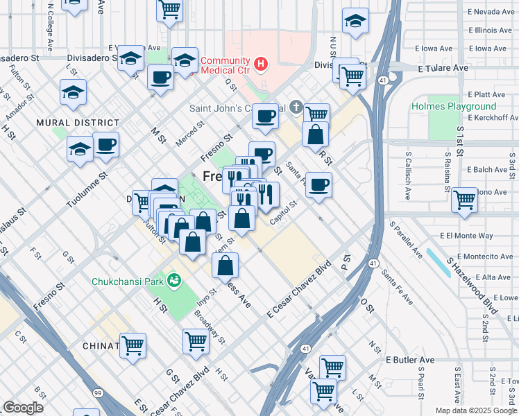 map of restaurants, bars, coffee shops, grocery stores, and more near 906 N Street in Fresno