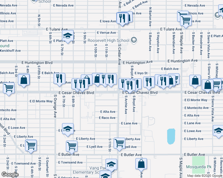 map of restaurants, bars, coffee shops, grocery stores, and more near 4125 East Ventura Avenue in Fresno