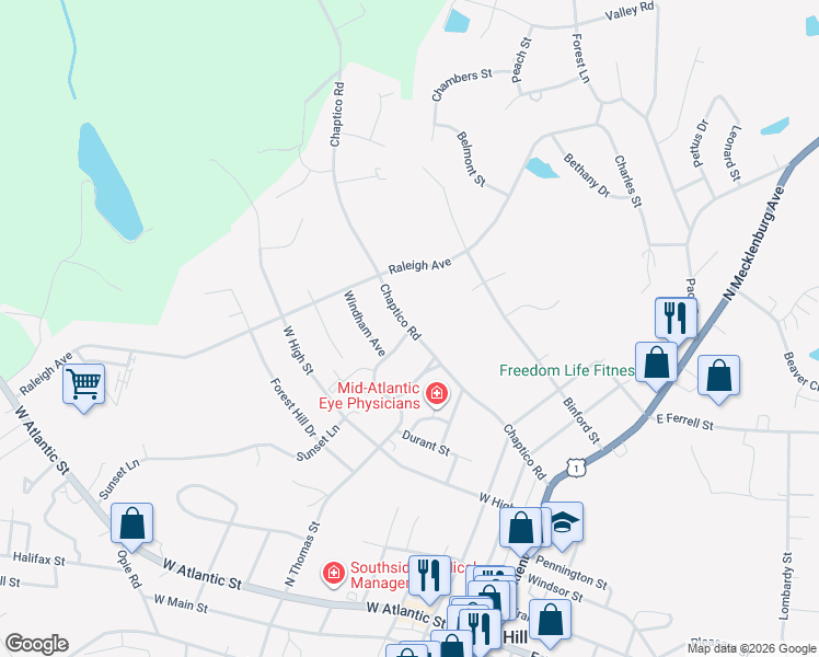 map of restaurants, bars, coffee shops, grocery stores, and more near 600 Chaptico Road in South Hill