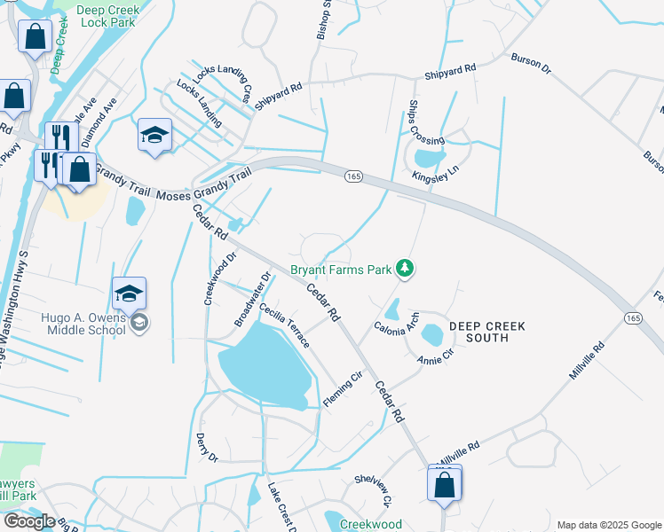 map of restaurants, bars, coffee shops, grocery stores, and more near 2702 Twin Cedar Trail in Chesapeake