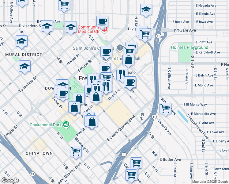 map of restaurants, bars, coffee shops, grocery stores, and more near 2525 Capitol Street in Fresno