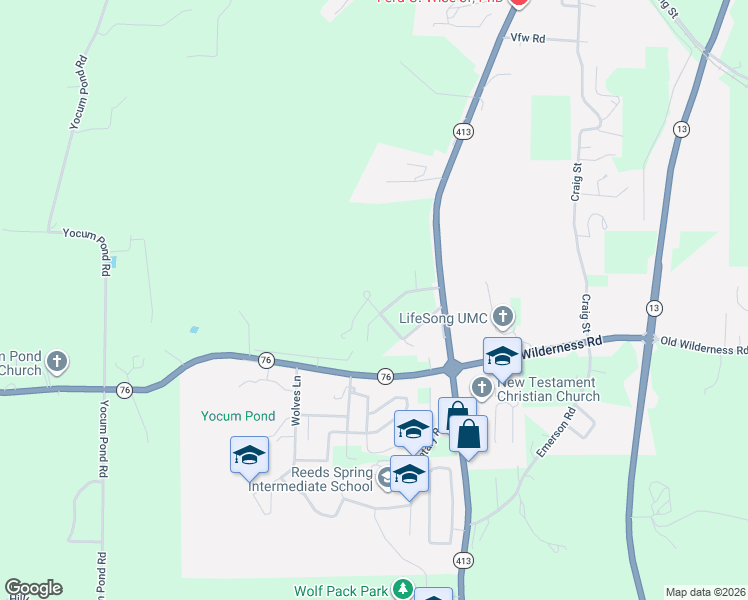 map of restaurants, bars, coffee shops, grocery stores, and more near Thundering Pines Lane in Reeds Spring