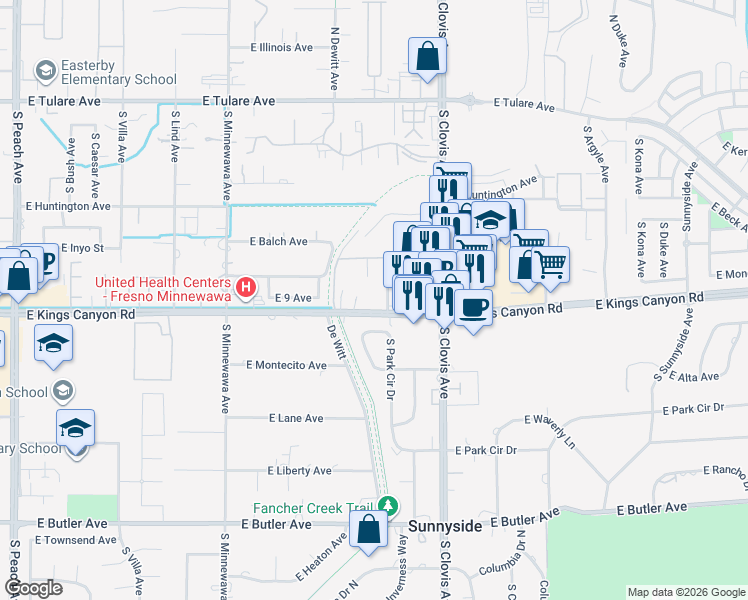 map of restaurants, bars, coffee shops, grocery stores, and more near 5539 East Kings Canyon Road in Fresno