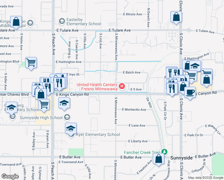 map of restaurants, bars, coffee shops, grocery stores, and more near 5373 East Kings Canyon Road in Fresno