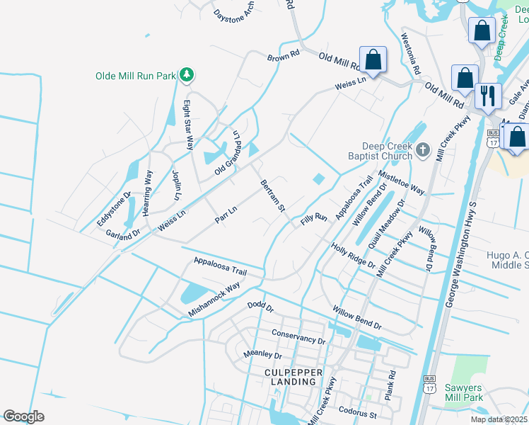 map of restaurants, bars, coffee shops, grocery stores, and more near 405 Bridle Court in Chesapeake