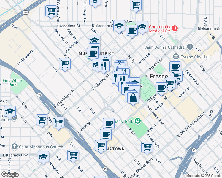 map of restaurants, bars, coffee shops, grocery stores, and more near 1279 Broadway Street in Fresno