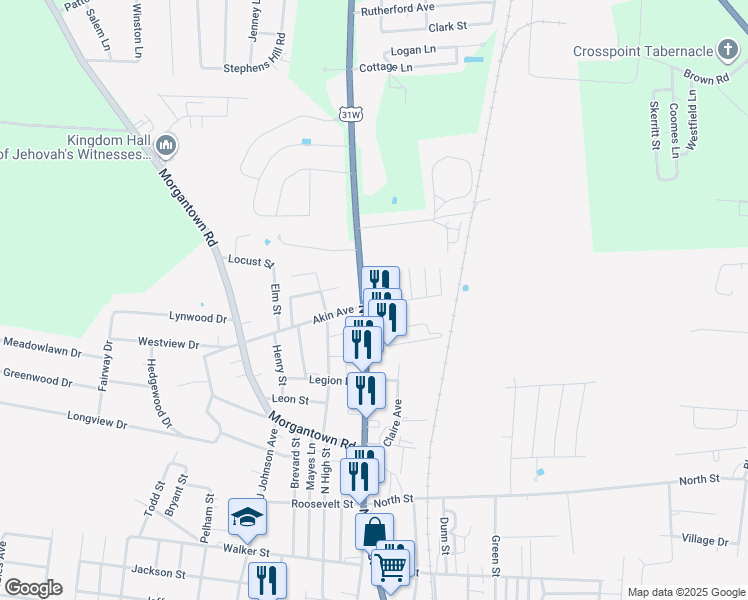 map of restaurants, bars, coffee shops, grocery stores, and more near 902 North Main Street in Franklin