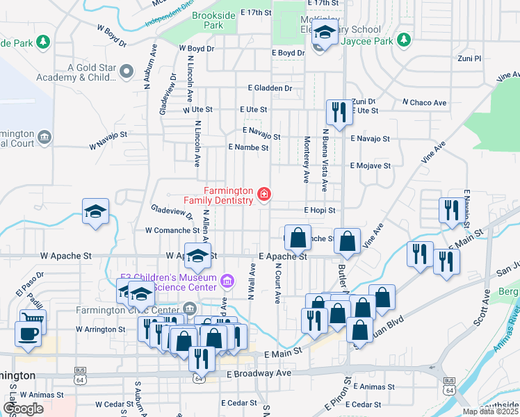 map of restaurants, bars, coffee shops, grocery stores, and more near 613 North Dustin Avenue in Farmington