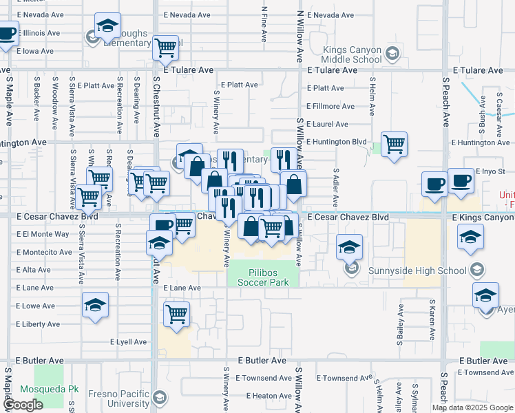 map of restaurants, bars, coffee shops, grocery stores, and more near 4949 East Kings Canyon Road in Fresno