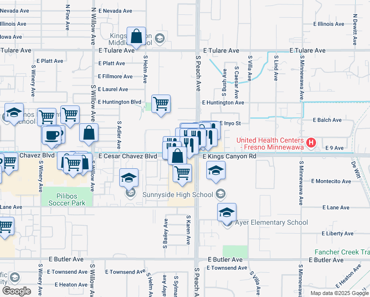 map of restaurants, bars, coffee shops, grocery stores, and more near 5171 East Kings Canyon Road in Fresno