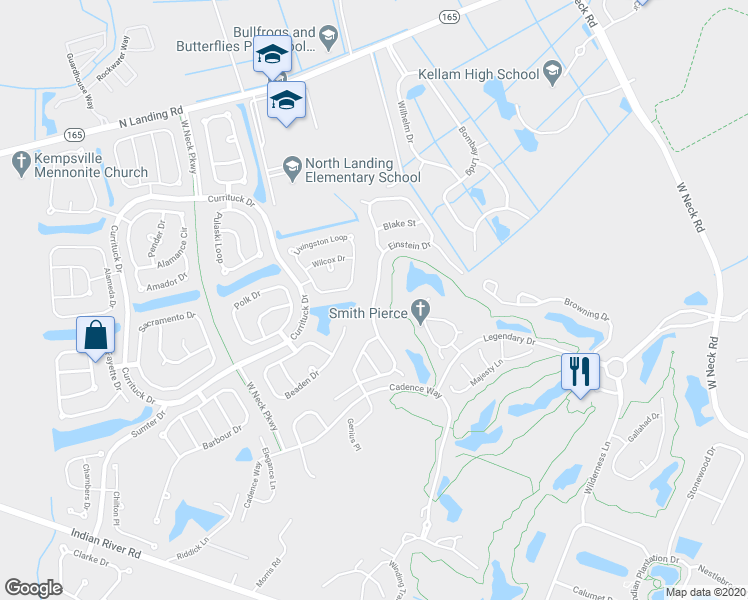 map of restaurants, bars, coffee shops, grocery stores, and more near 2832 Einstein Drive in Virginia Beach