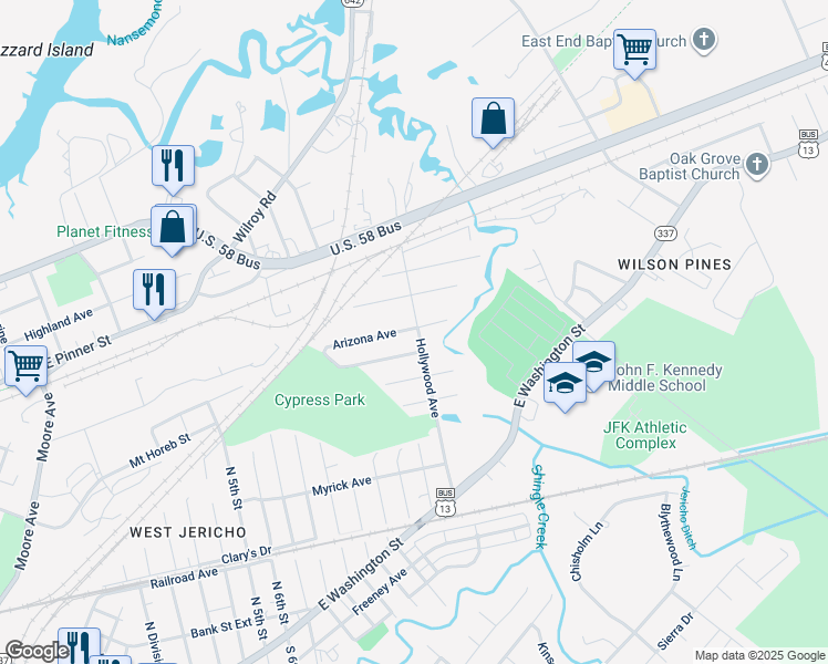 map of restaurants, bars, coffee shops, grocery stores, and more near 609 Hollywood Avenue in Suffolk