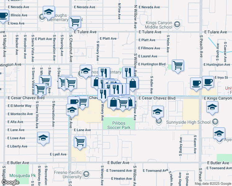 map of restaurants, bars, coffee shops, grocery stores, and more near 4921 East Kings Canyon Road in Fresno