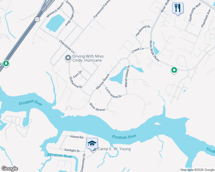 map of restaurants, bars, coffee shops, grocery stores, and more near 832 Loch Island Drive in Chesapeake
