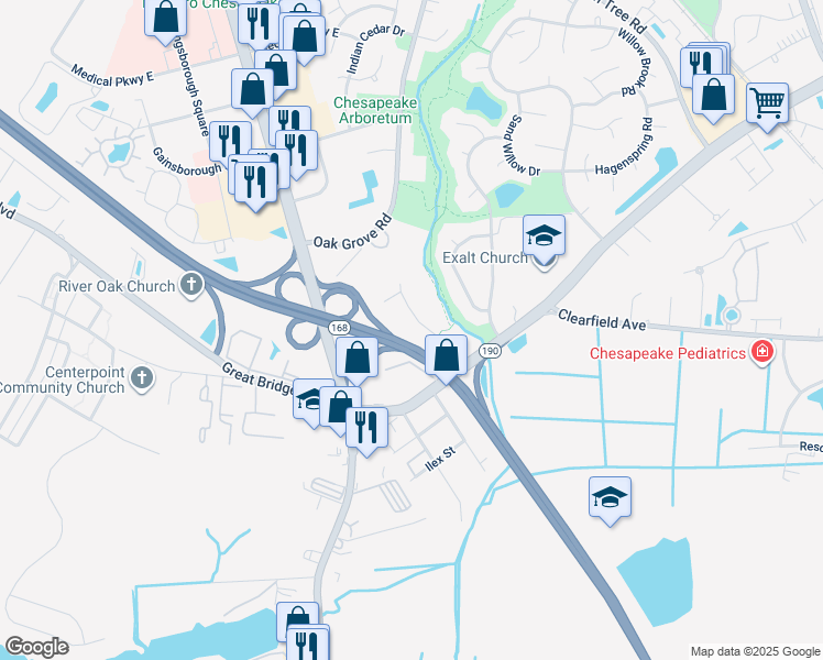 map of restaurants, bars, coffee shops, grocery stores, and more near 522 Stillwater Drive in Chesapeake
