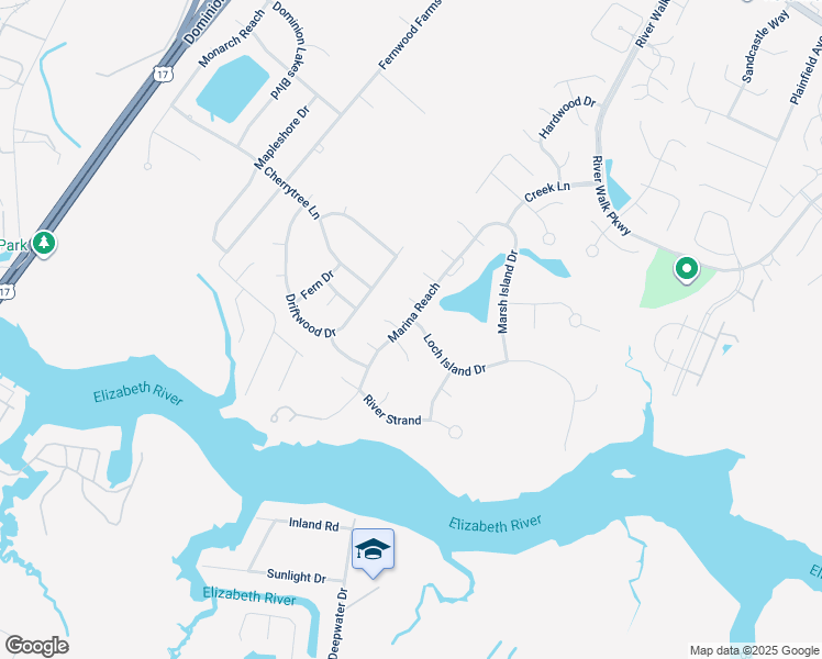 map of restaurants, bars, coffee shops, grocery stores, and more near 219 Marina Reach in Chesapeake