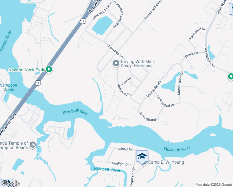 map of restaurants, bars, coffee shops, grocery stores, and more near 229 Fernwood Farms Road in Chesapeake