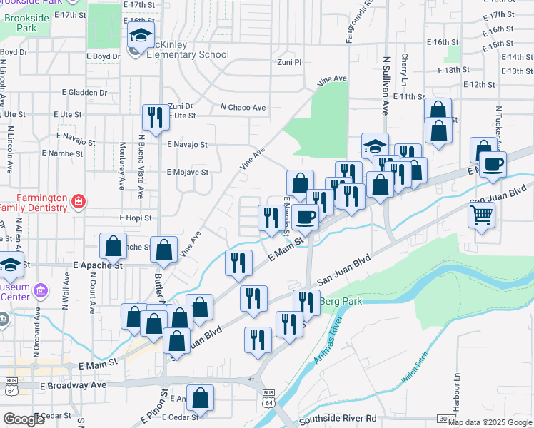 map of restaurants, bars, coffee shops, grocery stores, and more near 822 East Main Street in Farmington