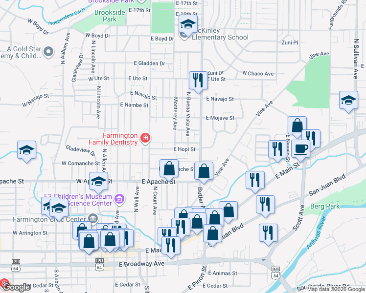 map of restaurants, bars, coffee shops, grocery stores, and more near 510 East Hopi Street in Farmington