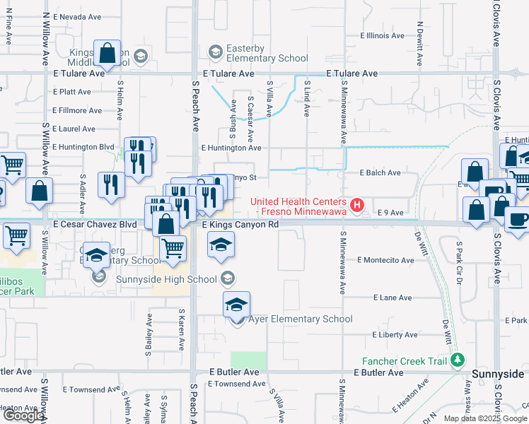 map of restaurants, bars, coffee shops, grocery stores, and more near 5291 East Kings Canyon Road in Fresno