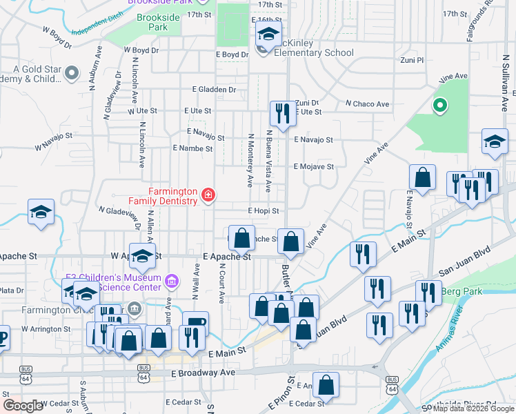 map of restaurants, bars, coffee shops, grocery stores, and more near 510 East Hopi Street in Farmington