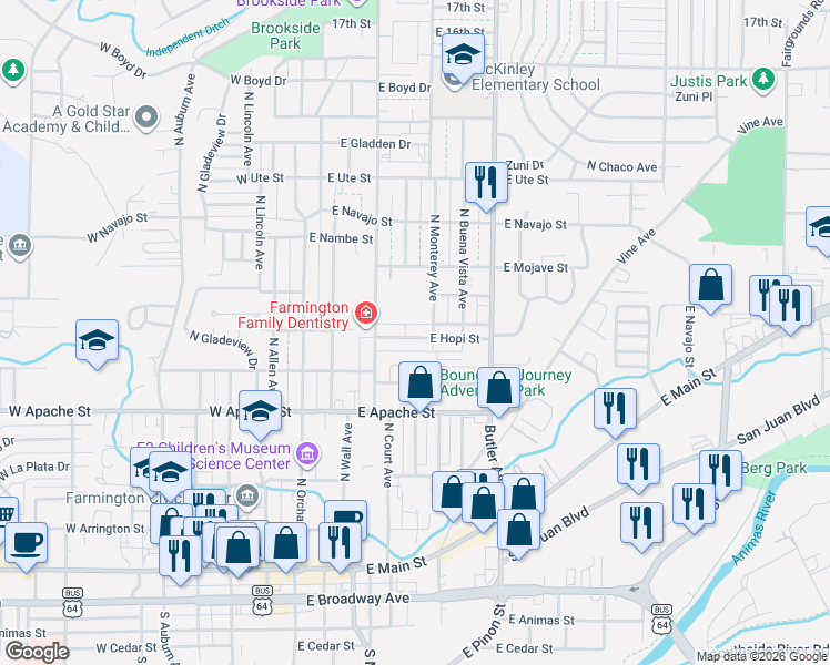 map of restaurants, bars, coffee shops, grocery stores, and more near 404 East Hopi Street in Farmington