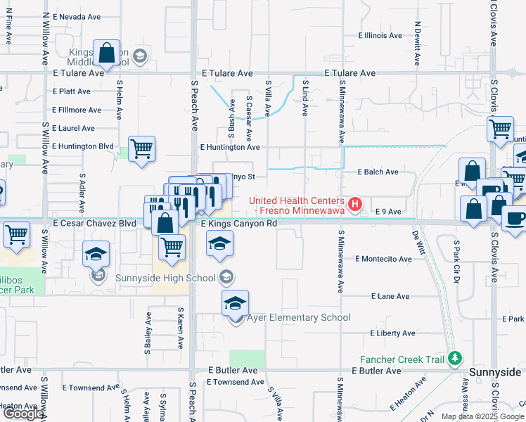 map of restaurants, bars, coffee shops, grocery stores, and more near 5325 East Kings Canyon Road in Fresno