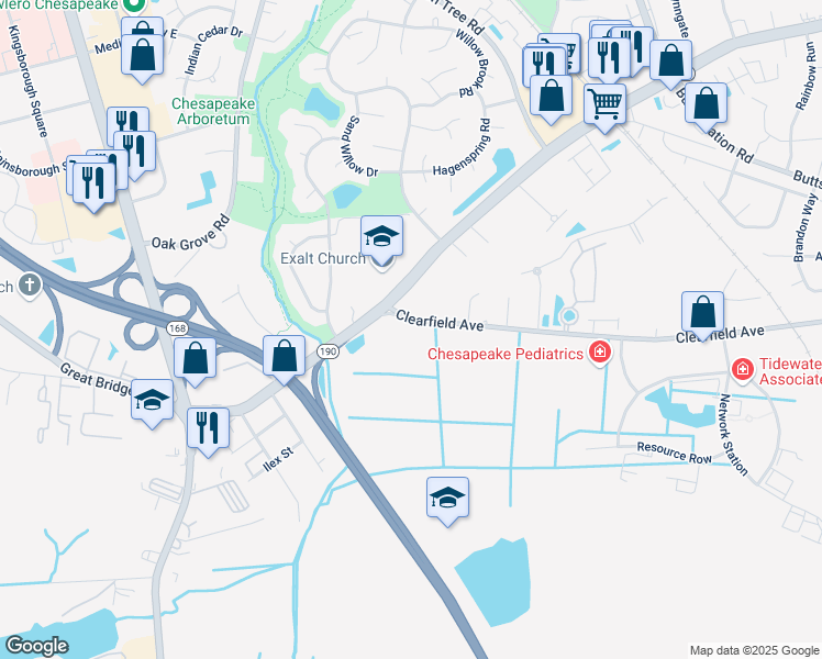 map of restaurants, bars, coffee shops, grocery stores, and more near 304 Clearfield Avenue in Chesapeake