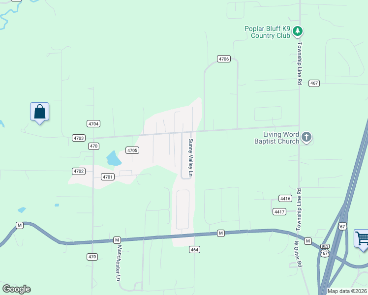 map of restaurants, bars, coffee shops, grocery stores, and more near 863 Sunny Valley Lane in Poplar Bluff
