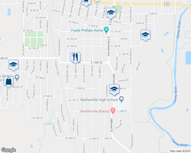 map of restaurants, bars, coffee shops, grocery stores, and more near 1508 South Dewey Avenue in Bartlesville