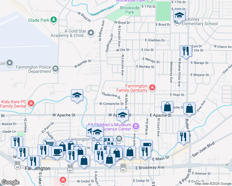 map of restaurants, bars, coffee shops, grocery stores, and more near 614 North Gladeview Drive in Farmington