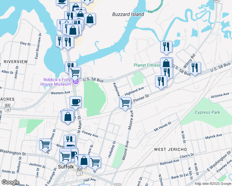 map of restaurants, bars, coffee shops, grocery stores, and more near 213 Katherine Street in Suffolk