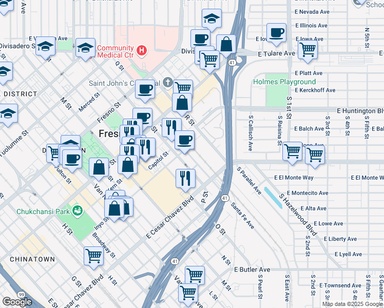 map of restaurants, bars, coffee shops, grocery stores, and more near 750 Santa Fe Avenue in Fresno