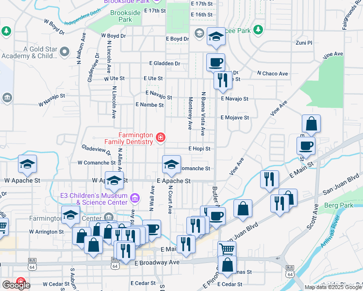 map of restaurants, bars, coffee shops, grocery stores, and more near 404 East Hopi Street in Farmington