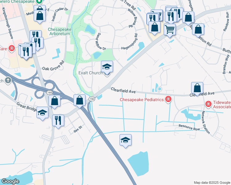 map of restaurants, bars, coffee shops, grocery stores, and more near 301 Clearfield Avenue in Chesapeake