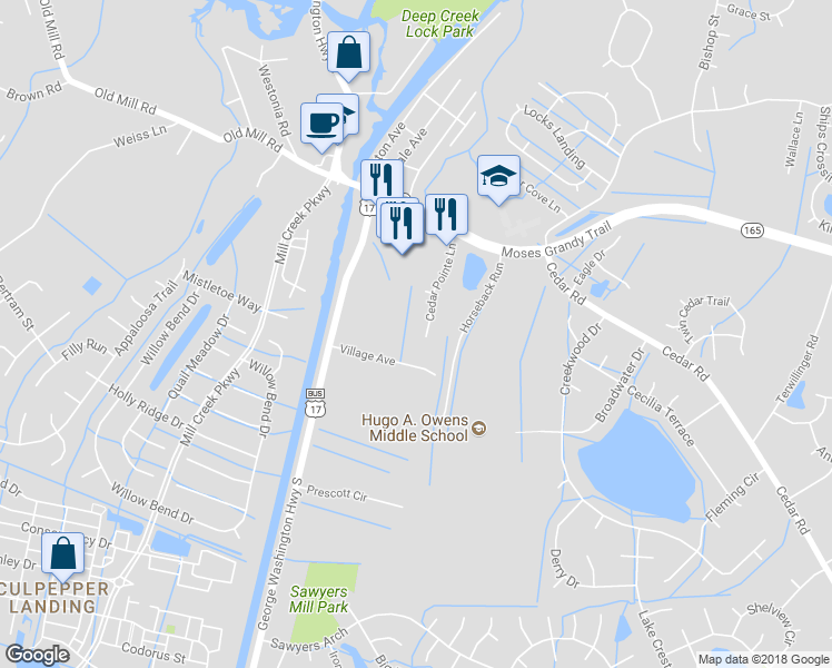 map of restaurants, bars, coffee shops, grocery stores, and more near 444 Cedar Pointe Lane in Chesapeake