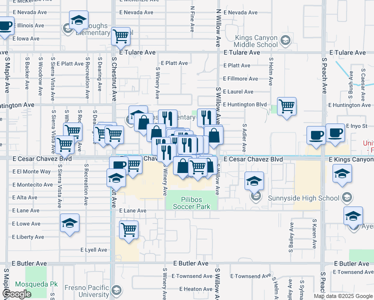 map of restaurants, bars, coffee shops, grocery stores, and more near 4921 East Kings Canyon Road in Fresno