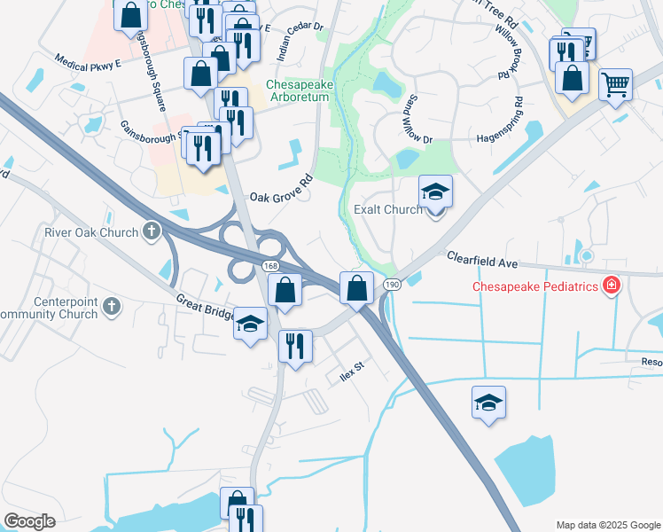 map of restaurants, bars, coffee shops, grocery stores, and more near 522 Stillwater Drive in Chesapeake
