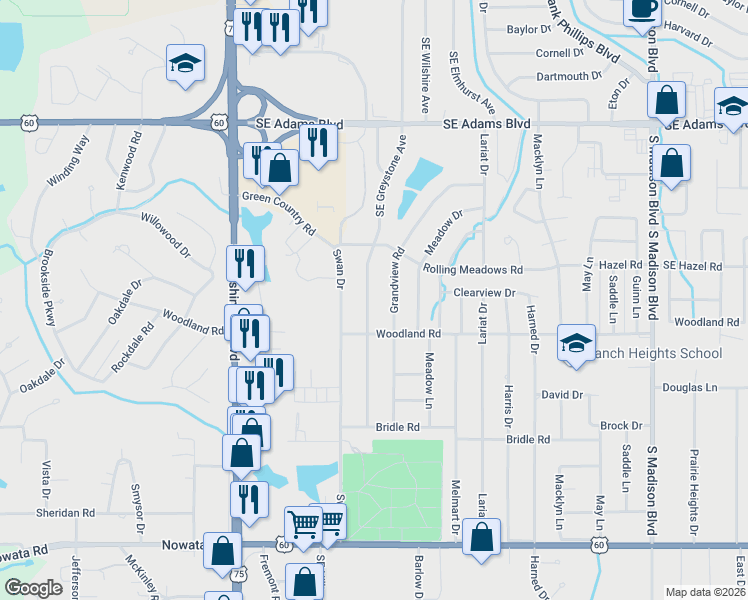 map of restaurants, bars, coffee shops, grocery stores, and more near 1216 Southeast Greystone Avenue in Bartlesville