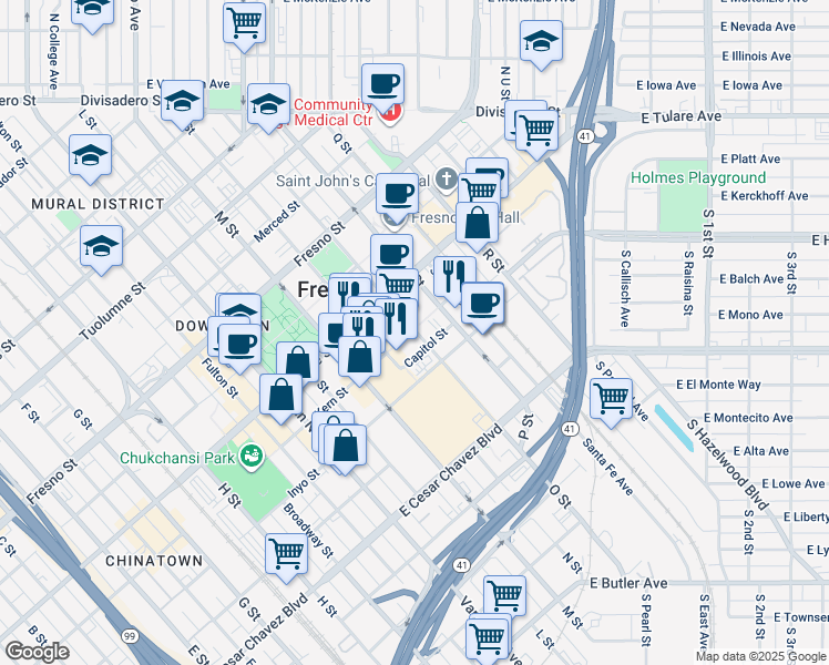 map of restaurants, bars, coffee shops, grocery stores, and more near 2445 O Street in Fresno