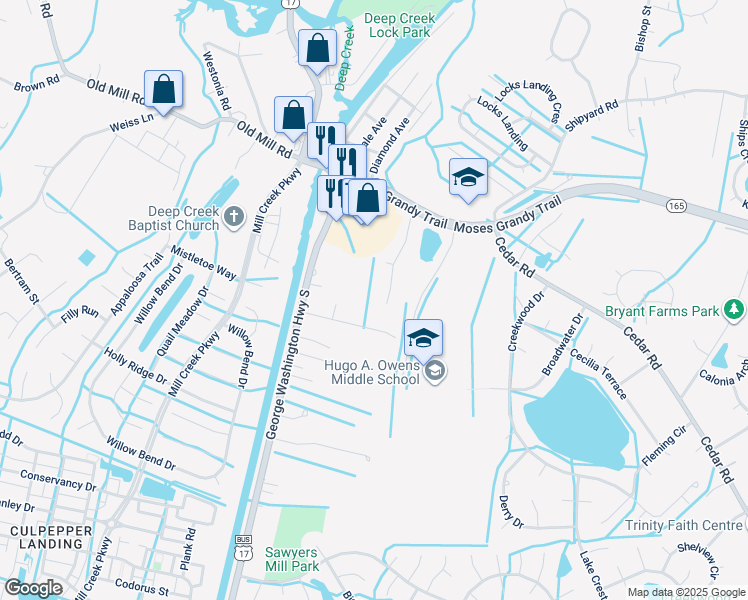 map of restaurants, bars, coffee shops, grocery stores, and more near 444 Cedar Pointe Lane in Chesapeake