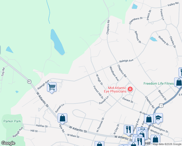 map of restaurants, bars, coffee shops, grocery stores, and more near Raleigh Ave in South Hill