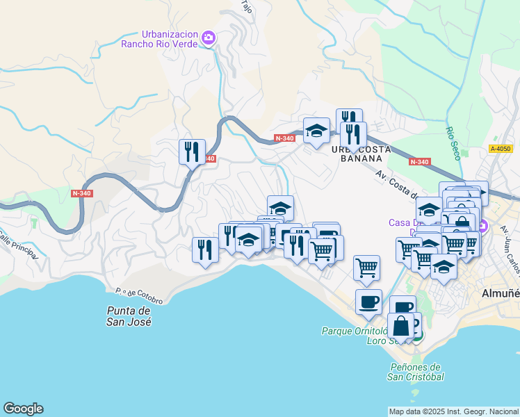 map of restaurants, bars, coffee shops, grocery stores, and more near 12 Calle Colina de San Cristóbal in Almuñécar