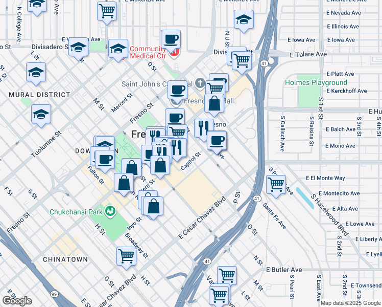 map of restaurants, bars, coffee shops, grocery stores, and more near 2525 Capitol Street in Fresno